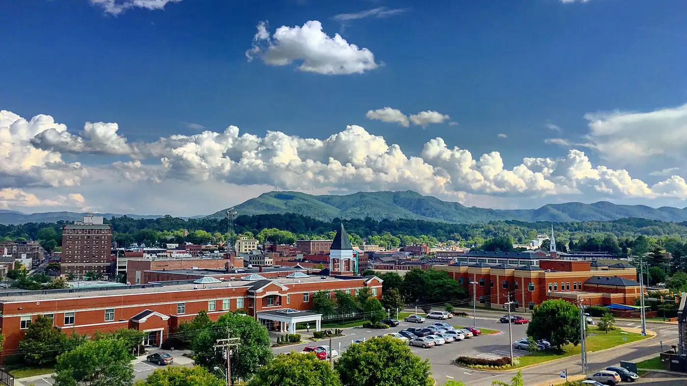 Downtown Johnson City, Tennessee, with Buffalo Mountain rising behind it