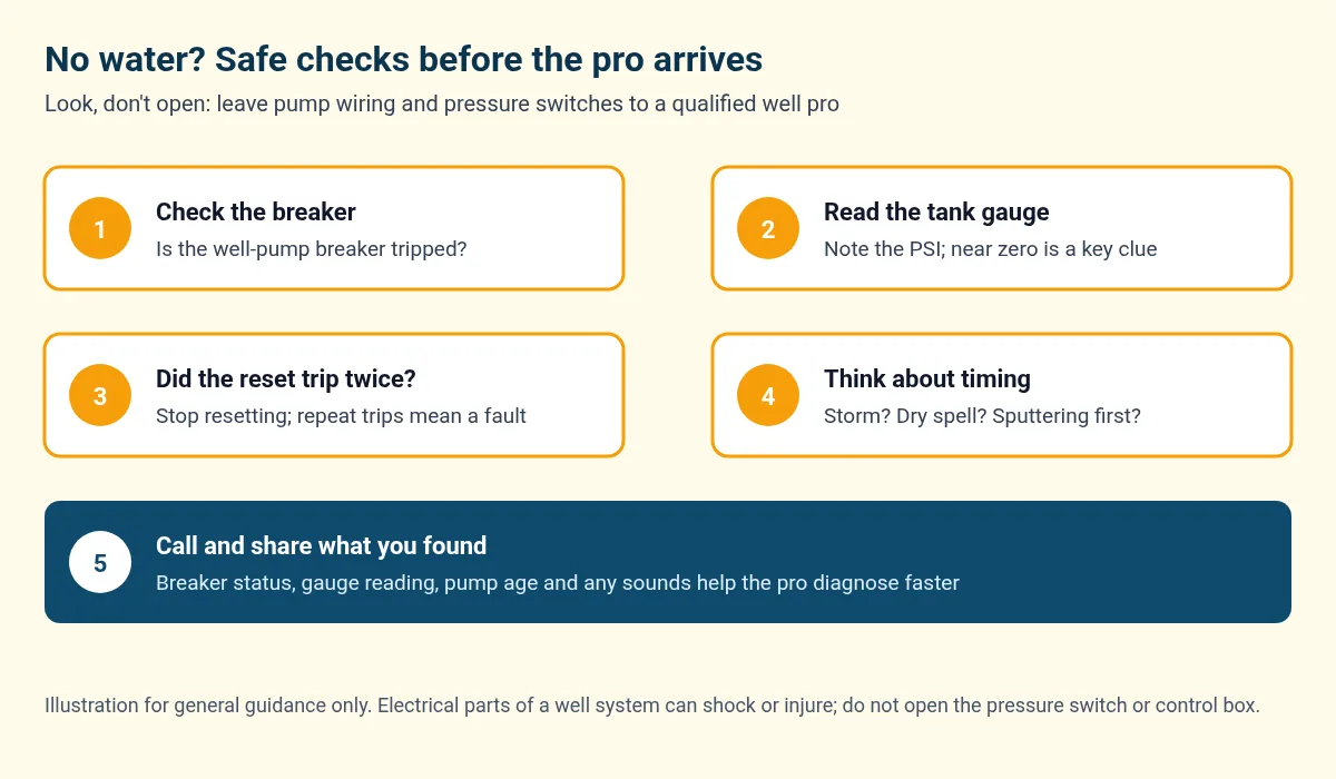 Illustrated checklist of safe no-water checks: breaker, pressure gauge, visible leaks, then call a pro