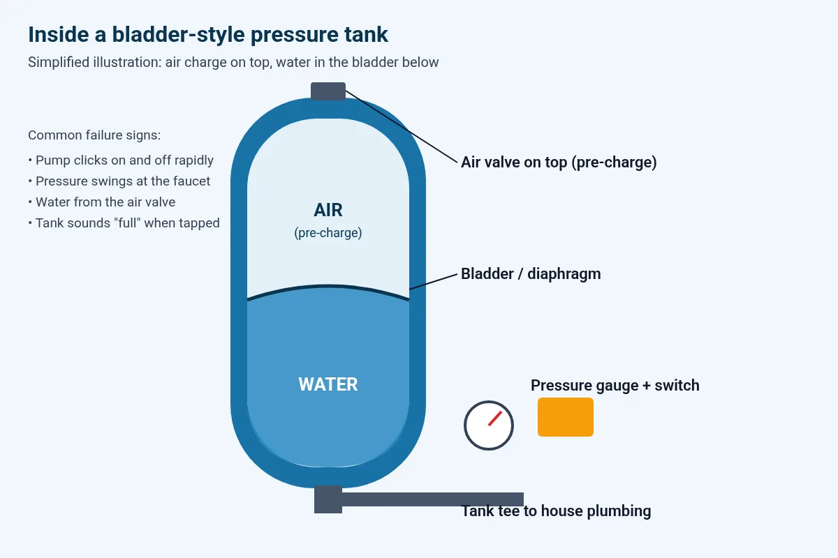 Cutaway diagram of a bladder pressure tank showing the air charge, the bladder and the water side