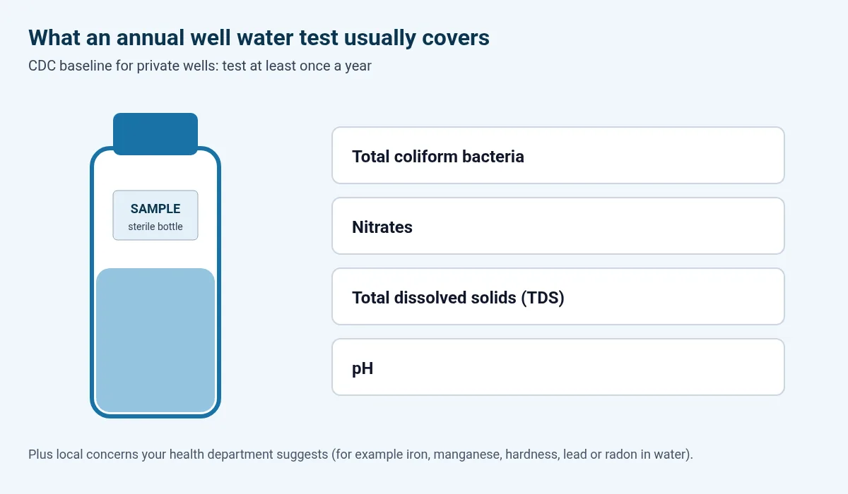 Illustration of a sterile sample bottle and the baseline well tests: total coliform, nitrates, TDS and pH