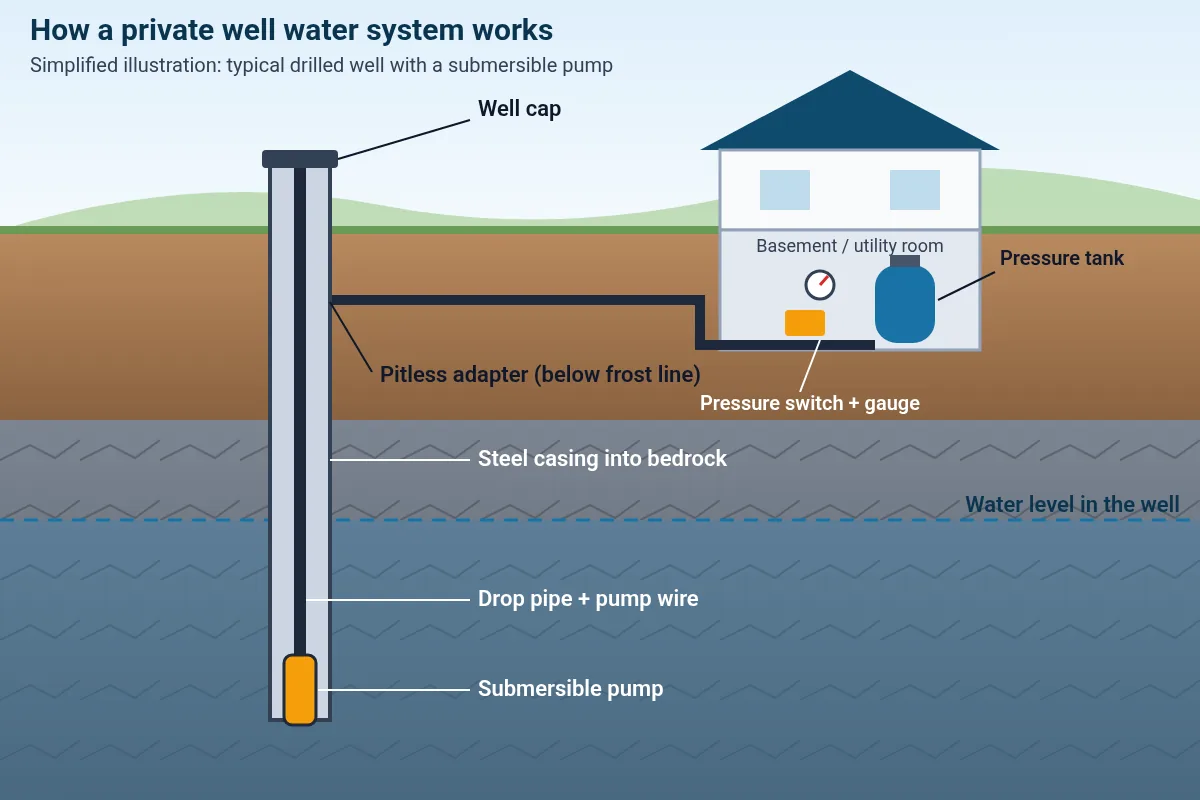 Diagram of a private well system: well cap, pitless adapter, steel casing, drop pipe, submersible pump, pressure tank and pressure switch